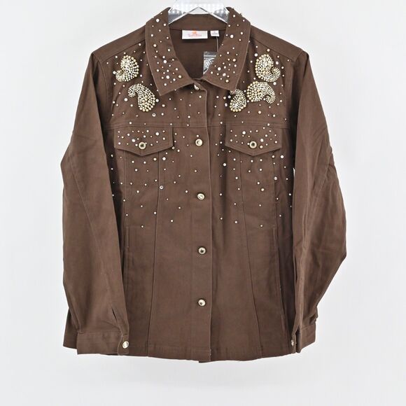 QUACKER FACTORY Denim Jacket Womens Sz M Brown Rhinestone Beaded Blinged Western - Picture 1 of 12